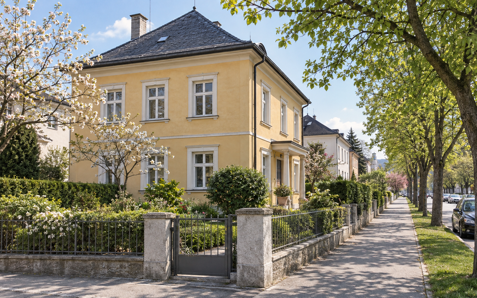 Älteres Wohnhaus mit Garten – KI-Symbolbild