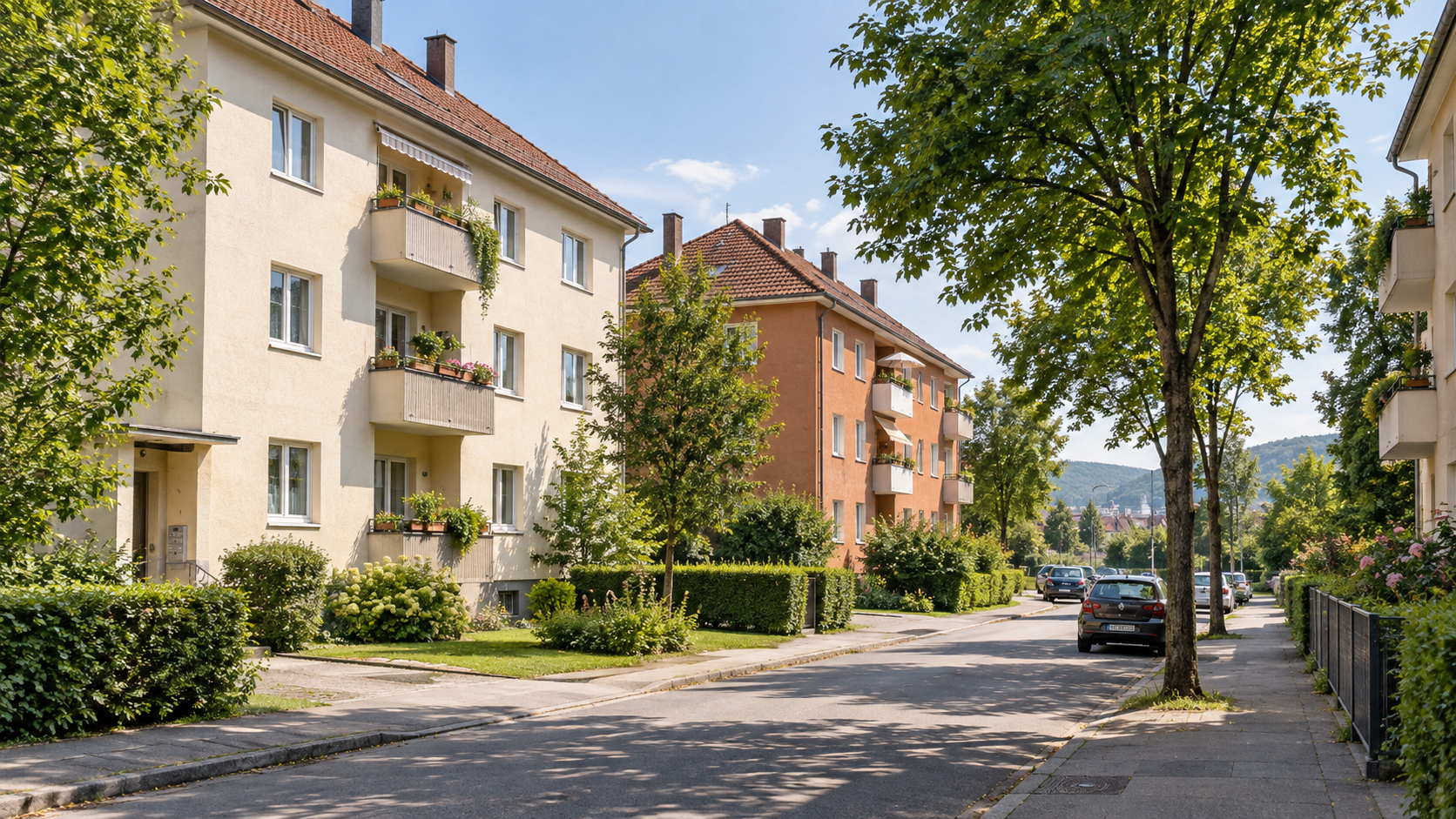 Wohnhäuser mit begrünten Straßen im Linzer Süden – KI-Symbolbild